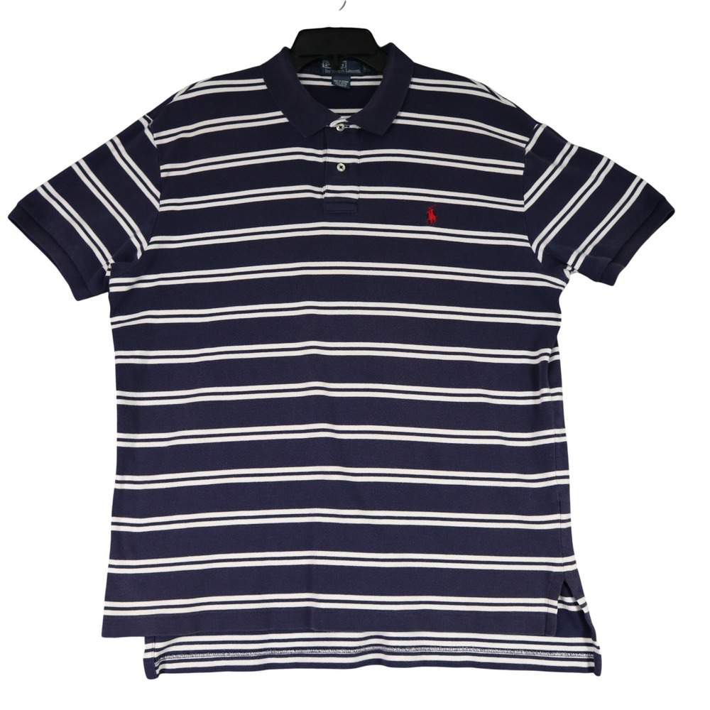 Polo Ralph Lauren‎ Polo Shirt Mens L Navy White Striped Red Pony Casual Preppy